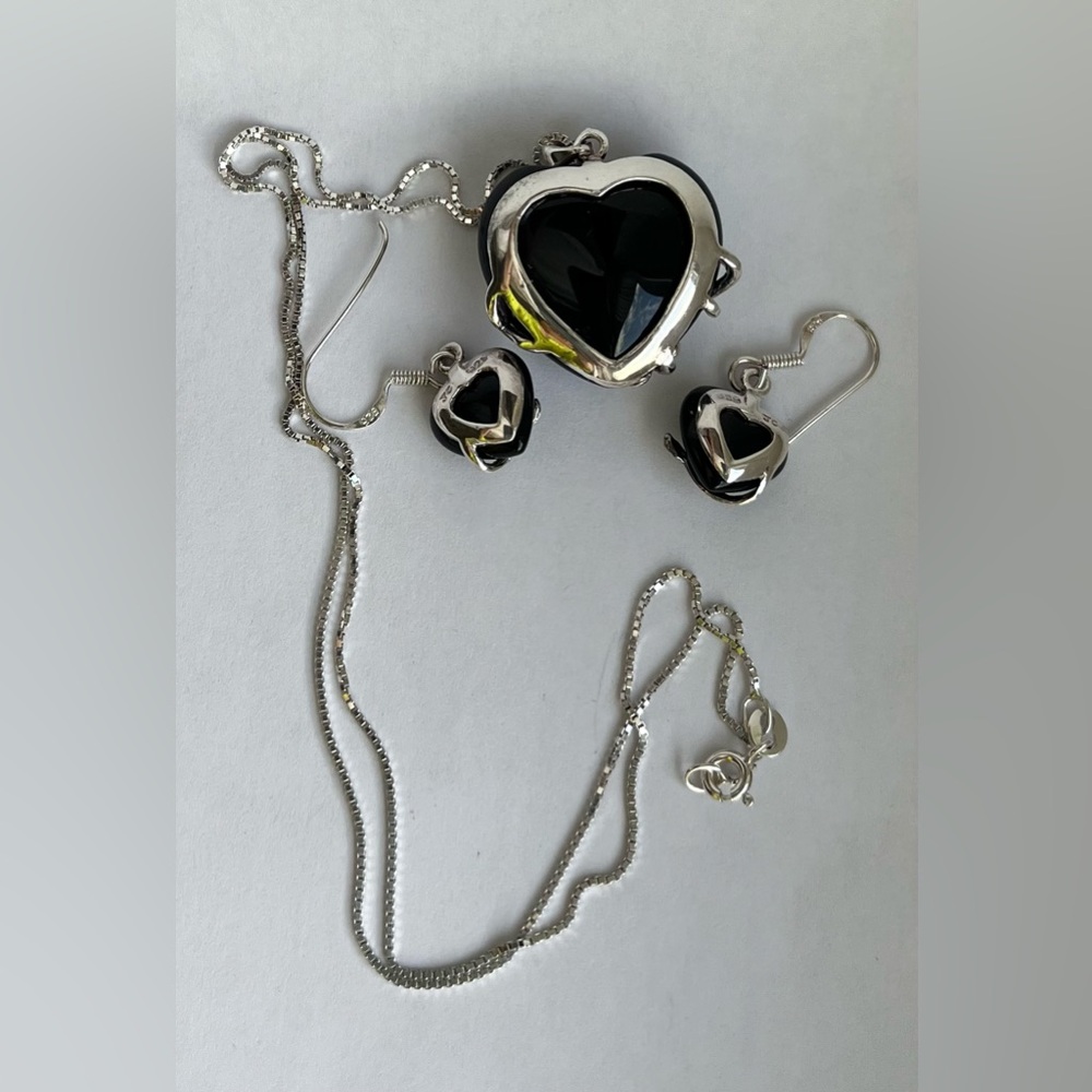 925 (EUC) onyx pierced earrings pendant 20” necklace set signed  vintage jewelry - Picture 5 of 17